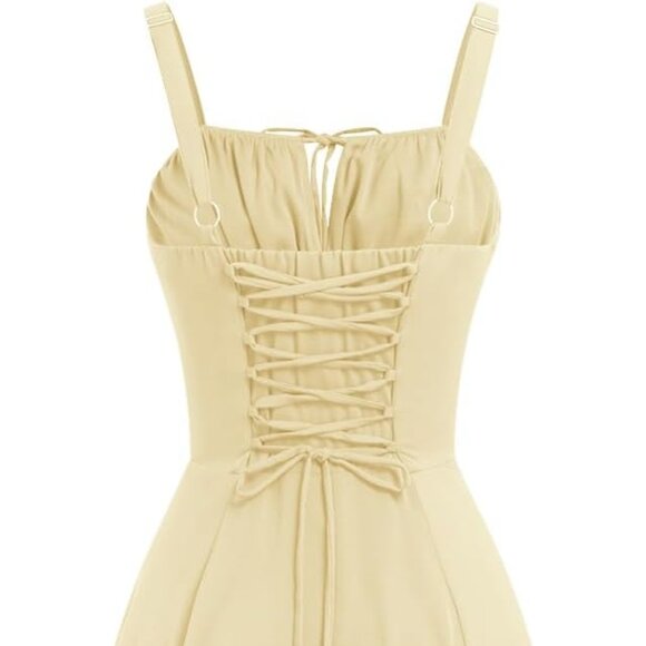 Corset Dress Boho Flowy Slit Bustier Lace Up Midi Dresses Going Out Cottagecore - Picture 6 of 8